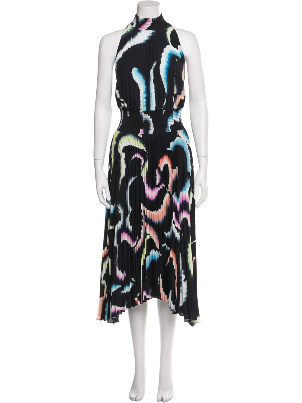ALC Renzo Pleated Black Multicolor Halter Midi Dress
